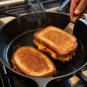 Toasties de presunto e geleia de ruibarbo dourando em uma frigideira quente enquanto o queijo derrete