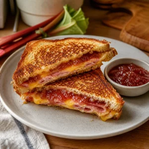 Toasties quentes de presunto e geleia de ruibarbo cortados na diagonal e servidos com geleia extra