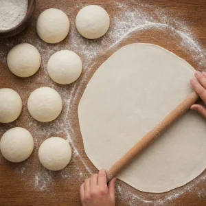 Porzioni di impasto per gozleme con un pezzo steso in un disco sottile
