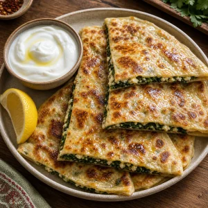 Gozleme dorato a fette servito con yogurt e limone