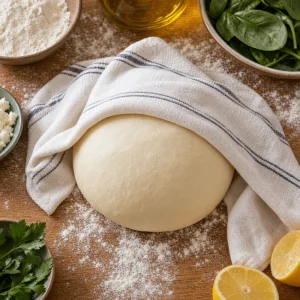 Impasto liscio per gozleme che riposa sotto un canovaccio