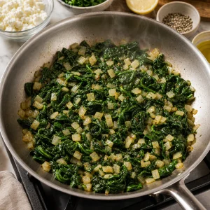Spinaci e cipolle in padella per il ripieno dei gozleme