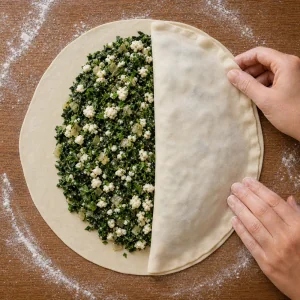 Ripieno di spinaci e feta su pasta sottile mentre il gozleme viene chiuso