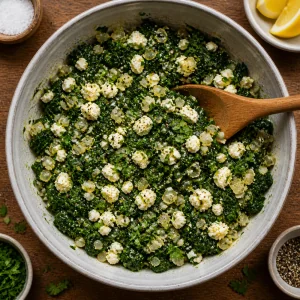 Ripieno di spinaci mescolato con feta, prezzemolo, limone e pepe