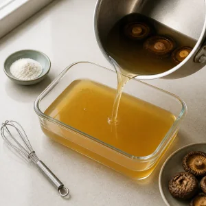 Mushroom broth poured into a shallow dish with agar agar to set into jelly.