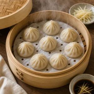 Steamed vegetarian soup dumplings served with black vinegar and ginger slivers.