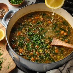Sopa cozida de lentilhas e legumes finalizada com salsa, pimenta-do-reino e suco de limão fresco