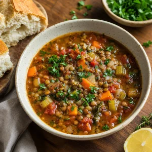 Sopa pronta de lentilhas e legumes com ervas, cenouras, tomates, aipo, salsa, limão e pão crocante
