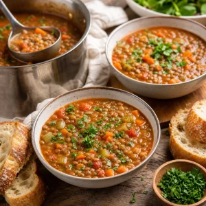 Sopa quente de lentilhas e legumes servida em tigelas com pão crocante