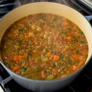 Sopa de lentilhas e legumes fervendo suavemente com lentilhas, legumes, ervas e vapor visíveis