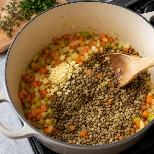 Alho picado e lentilhas secas misturados aos legumes amaciados na panela de sopa