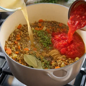 Caldo de legumes e tomates enlatados despejados nas lentilhas com tomilho, louro e cominho