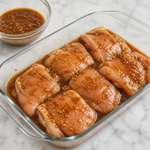 Chicken thighs coated in marinade with reserved sauce nearby
