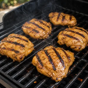 Chicken thighs grilling with distinct grill marks forming