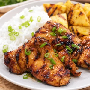 Finished Huli Huli chicken with scallions, rice, and grilled pineapple