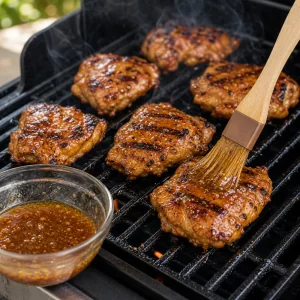 Flipped grilled chicken brushed with cooked glaze