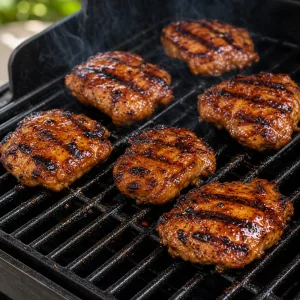 Fully cooked glazed chicken with lightly charred spots on the grill