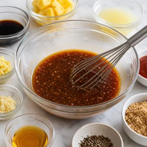 Pineapple soy ginger glaze being mixed in a bowl
