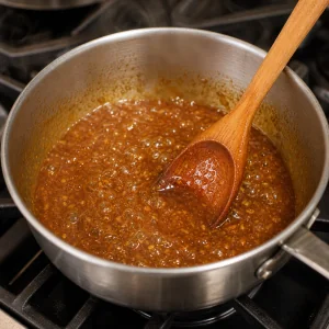 Reserved pineapple soy glaze simmering in a saucepan