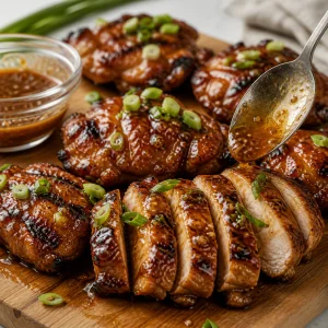 Rested sliced Huli Huli chicken with scallions and extra glaze