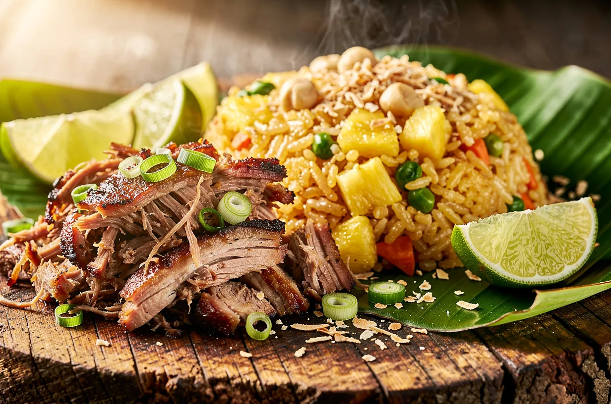 Porco Kalua Fumado e Arroz Frito com Abacaxi e Coco