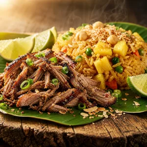 Kalua-Schweinefleisch mit Ananas-Bratreis, Kokos und Limette