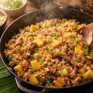 Ananas-Bratreis mit Macadamias und Fruehlingszwiebeln in der Pfanne