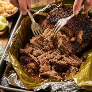 Zartes Kalua-Schweinefleisch wird in Bananenblaettern mit Gabeln gezupft