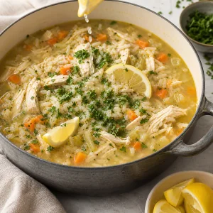 Chicken and rice soup finished with lemon and parsley