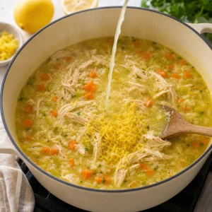 Chicken stock poured into the soup pot with chicken and vegetables