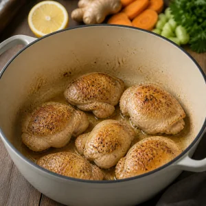 Chicken thighs browning in a heavy pot