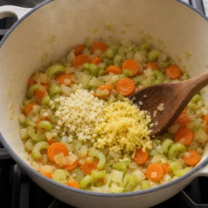 Minced garlic and grated ginger on softened soup vegetables