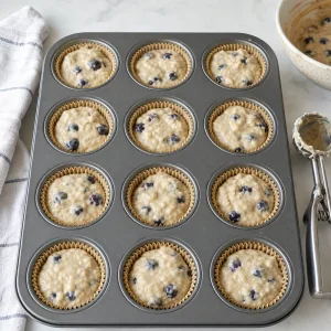 Blaubeer-Muffinteig zu drei Vierteln in ausgelegte Foermchen gefuellt
