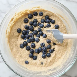 Frische Blaubeeren werden vorsichtig unter dicken Proteinmuffin-Teig gehoben
