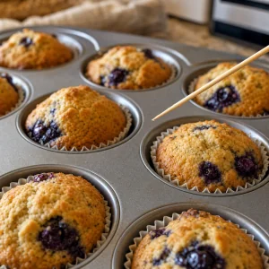 Goldbraun gebackene Blaubeer-Proteinmuffins mit sauberem Zahnstocher getestet