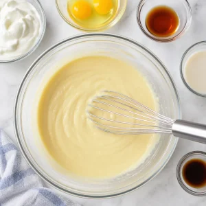 Griechischer Joghurt Eier Ahornsirup Mandelmilch und Vanille glatt verquirlt