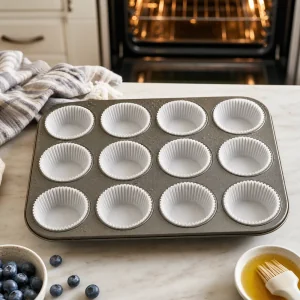 Muffinform mit Papierfoermchen bereit fuer Blaubeer-Proteinmuffin-Teig