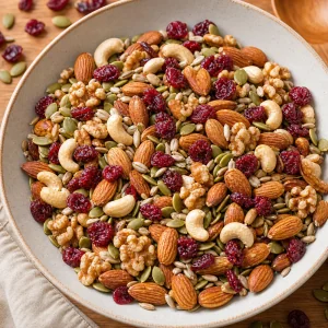 Dried cranberries tossed through nut and seed mix