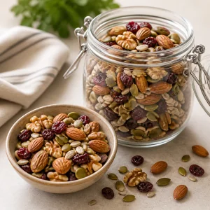 Finished snack mix in an airtight glass jar