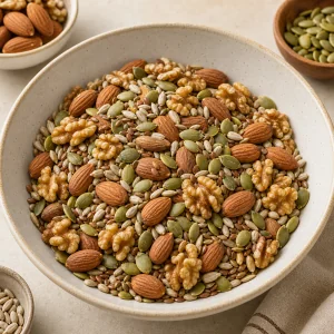 Mixed nuts and seeds in a large bowl