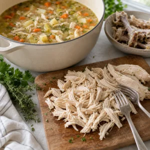Zartes gegartes Haehnchen neben der Suppe gezupft