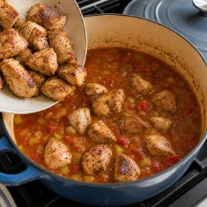 노릇하게 구운 닭고기를 토마토 육수에 다시 넣어 끓이는 모습