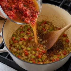 불에 구운 토마토와 닭 육수를 향채소에 붓는 모습