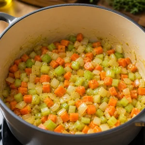 Onion carrots and celery sauteing in olive oil