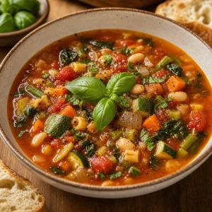Served Italian vegetable soup with fresh basil
