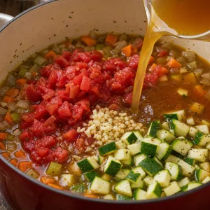Tomatoes broth garlic and zucchini added to the pot