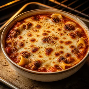 Ueberbackene Lasagnesuppe mit goldbraunem Kaese