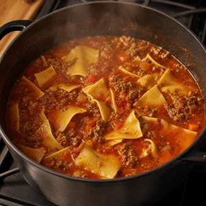 Gebrochene Lasagneblaetter koecheln in Tomaten-Fleisch-Suppe