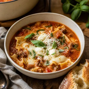 Fertige Lasagnesuppe mit geschmolzenem Kaese, Basilikum und knusprigem Brot