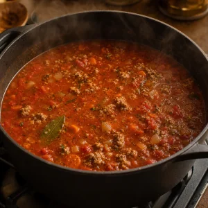 Lasagnesuppenbasis koechelt mit Fleisch und Kraeutern